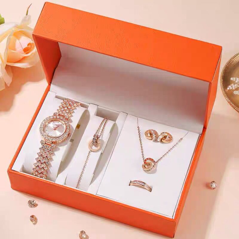 5PCS Luxury Rhinestone Wrist Watch for Women Quartz Elegant Watches Set