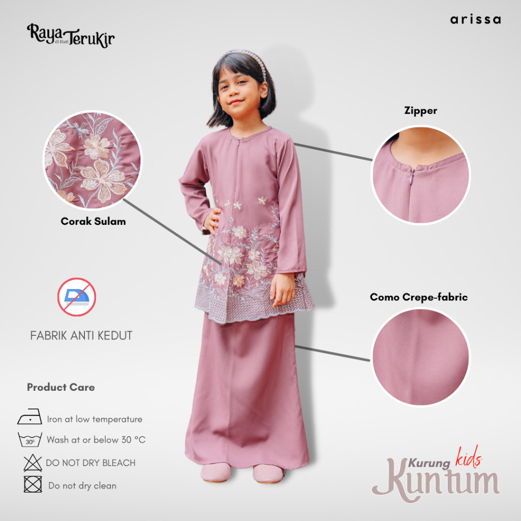 BAJU KURUNG KIDS SET MUSLIMAH SEDONDON SULAM KUNTUM S-2XL by ARISSA - READY STOCK, BAJU RAYA 2024 TRENDING