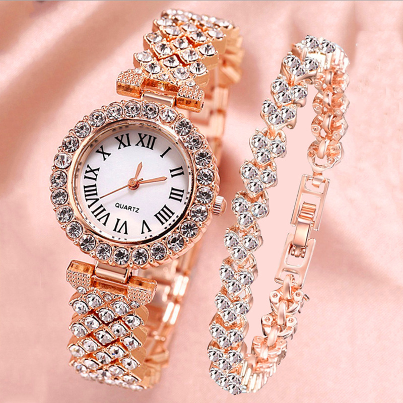 Luckylina Fashion Women's Watches High-end Simple Stainless Steel Strap Alloy Case Quartz Waterproof Ladies Watch Luxury Rhinestone Diamond Dial Wrist Watches + Free Diamond Bracelet