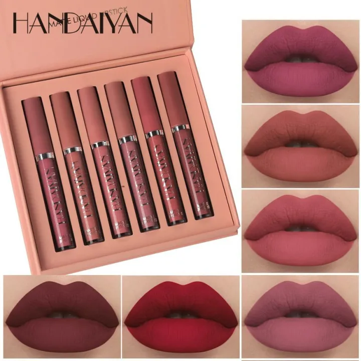 【Ready stock】HANDAIYAN 6PCS/ SET Matte Liquid Lip Gloss Set Creamy-matte Shimmer Lipstick Kit Waterproof and Non-stick Gift Gincu 口红