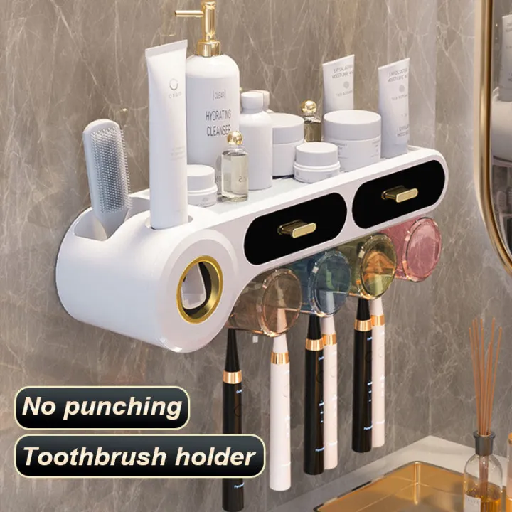 Toothbrush holder tempat letak berus gigi 牙刷架 Toothbrush rack, punch-free mouthwash cup, brushing cup, wall-mounted bathroom wall-mounted dental appliance, dental cylinder rack set